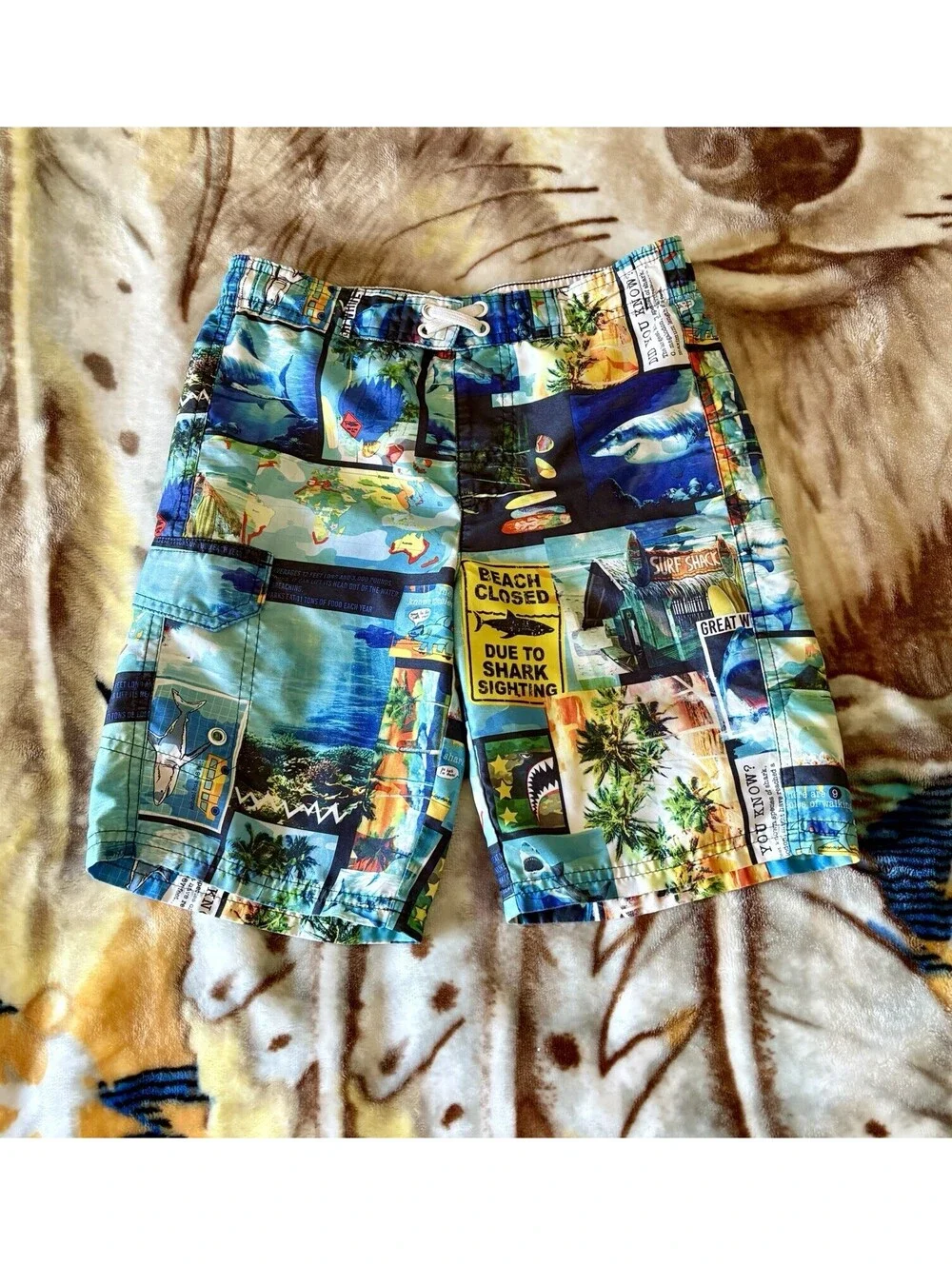 OP Ocean Pacific Boys Shark Collage Swim Trunks Board Shorts Size S (6-7)